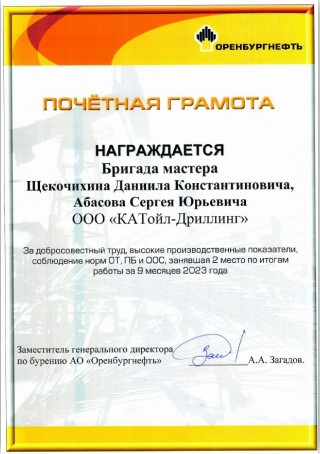 1, 2 места бригад ООО "КАТойл-Дриллинг" за 9 месяцев работы в 2023г.